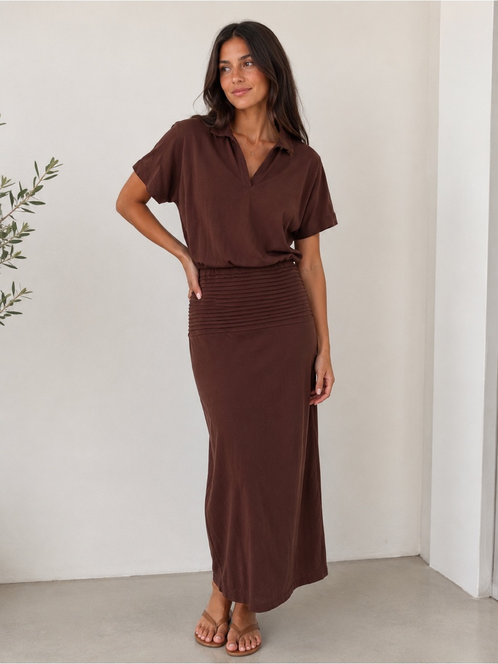 Brown Maxi Dress with Ribbed Waistband